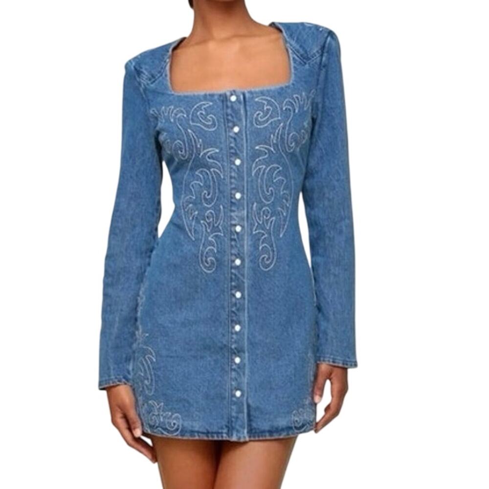 Western Embroidery Long Sleeve Denim Minidress